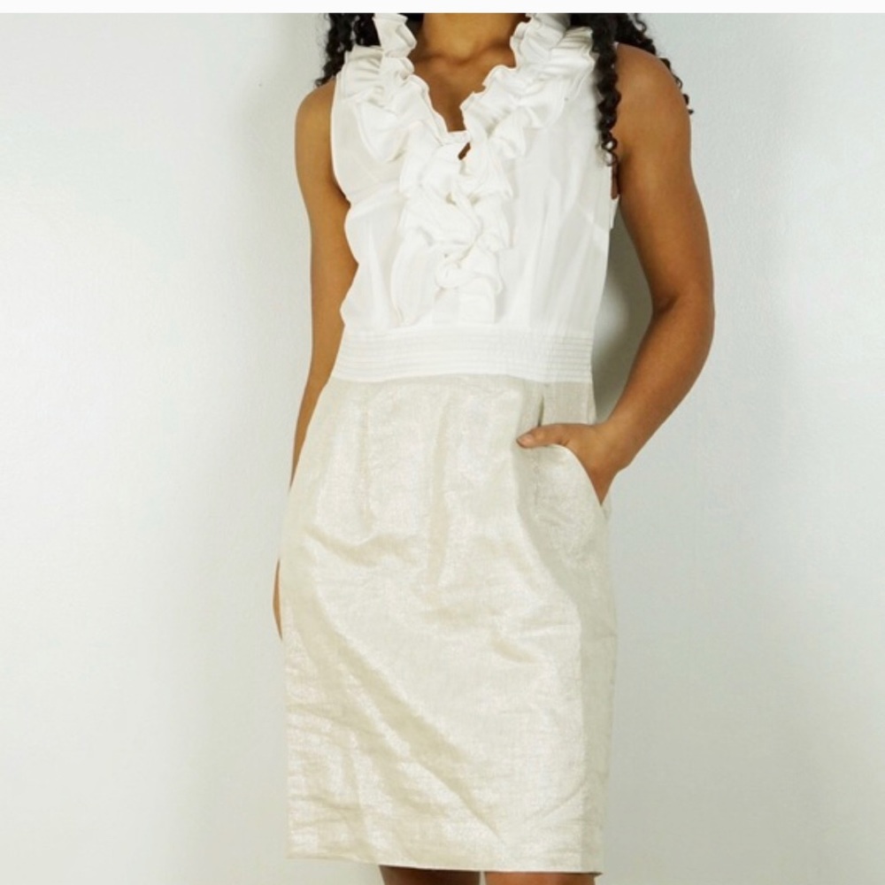 LOFT Linen Sheath Dress Ruffle Front White Beige